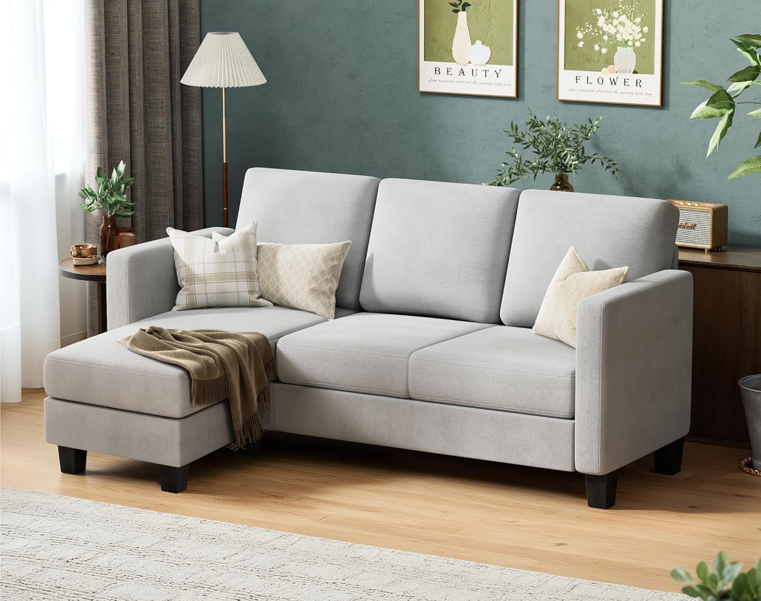 VICTONE Convertible L Shaped Sectional Sofa Couch 3 Seat with Ottoman