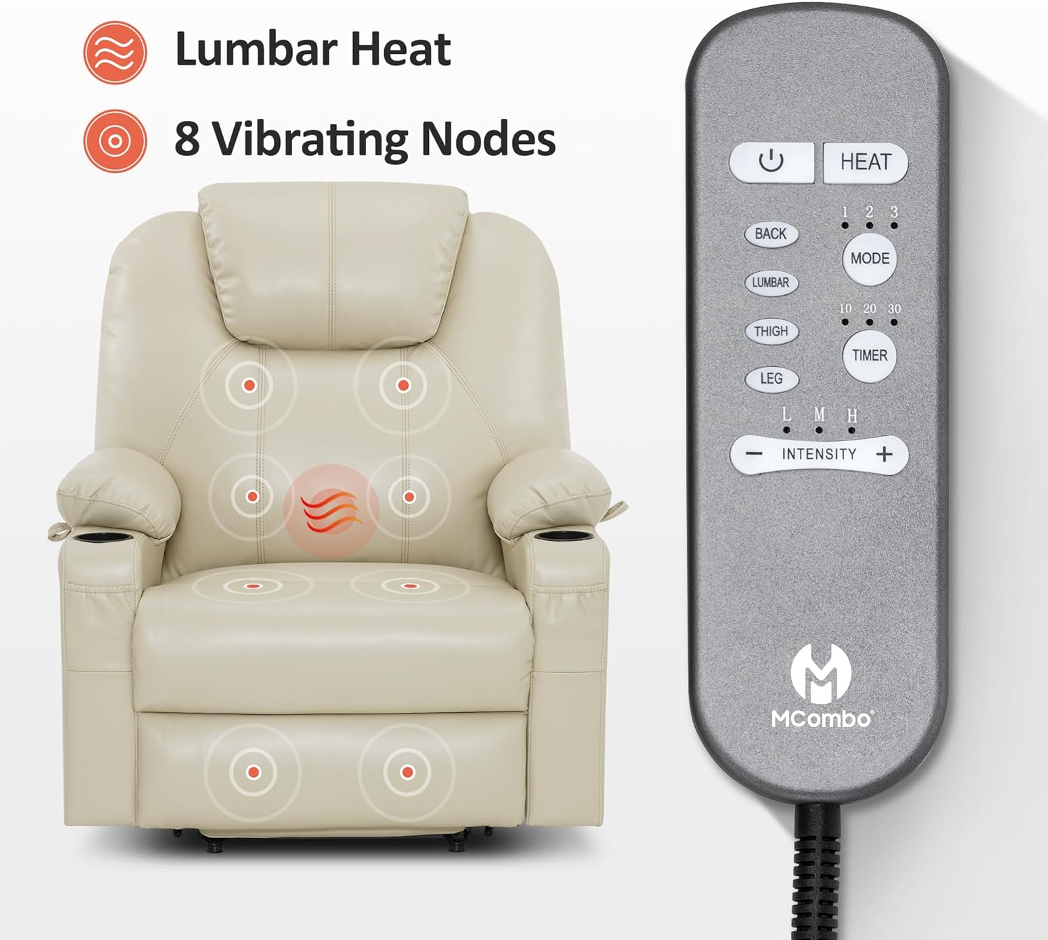 MCombo Electric Power Lift Recliner Massage Heat Chair for Elderly 3 Positions 2 Pockets USB