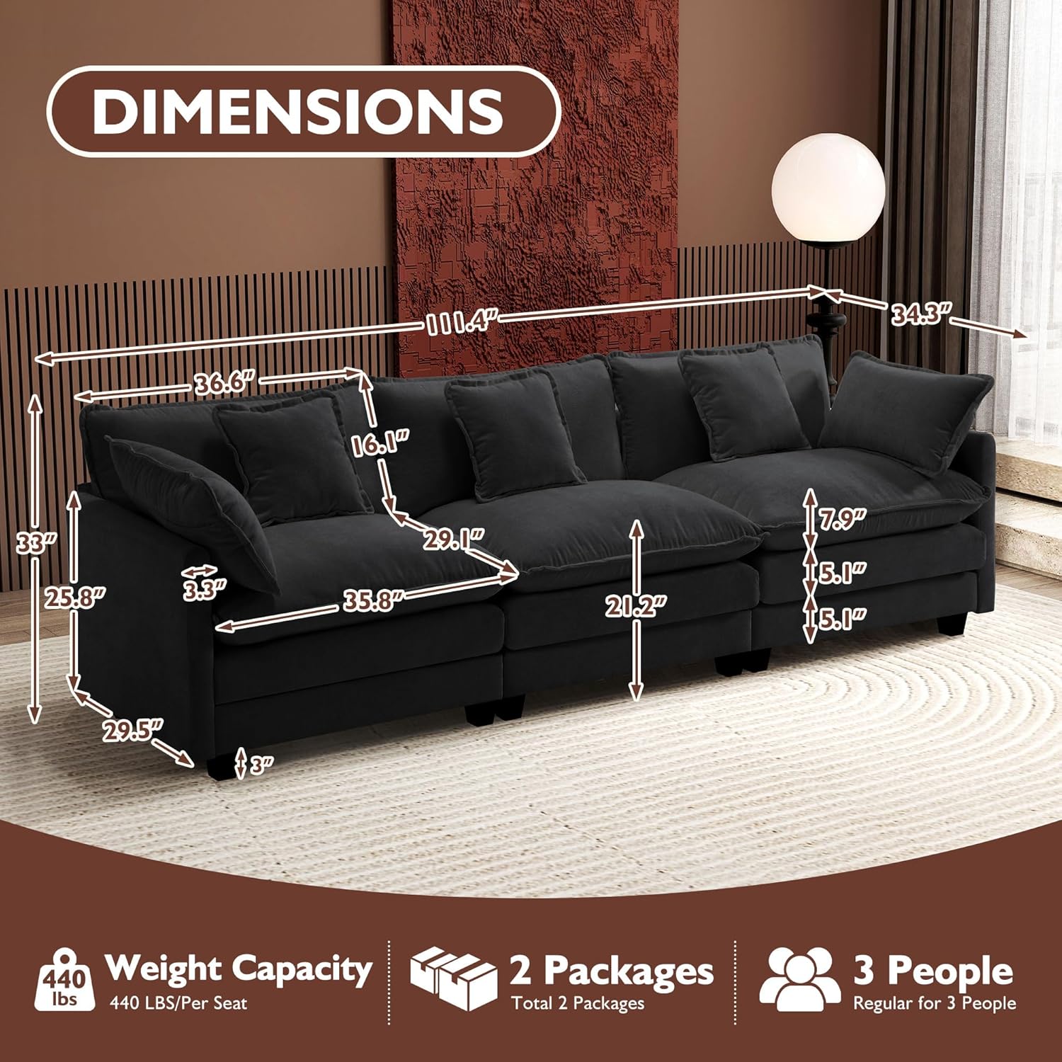 Ihanherry U Shaped Modular Cloud Sofa 5 Seat Chenille Sectional with Ottoman