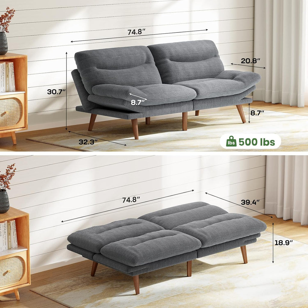 Marsail Futon Sofa Bed Convertible Corduroy Loveseat with Adjustable Backrest