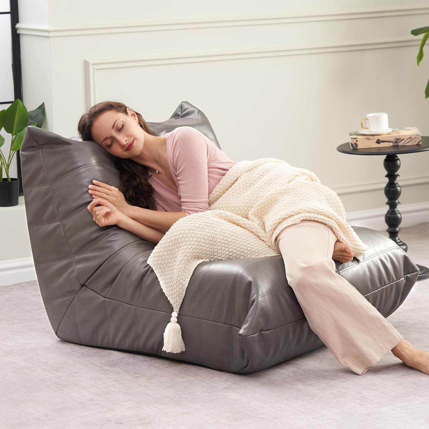 Hobestluk Giant Bean Bag Chair Memory Foam Faux Leather Floor Sofa for Adults
