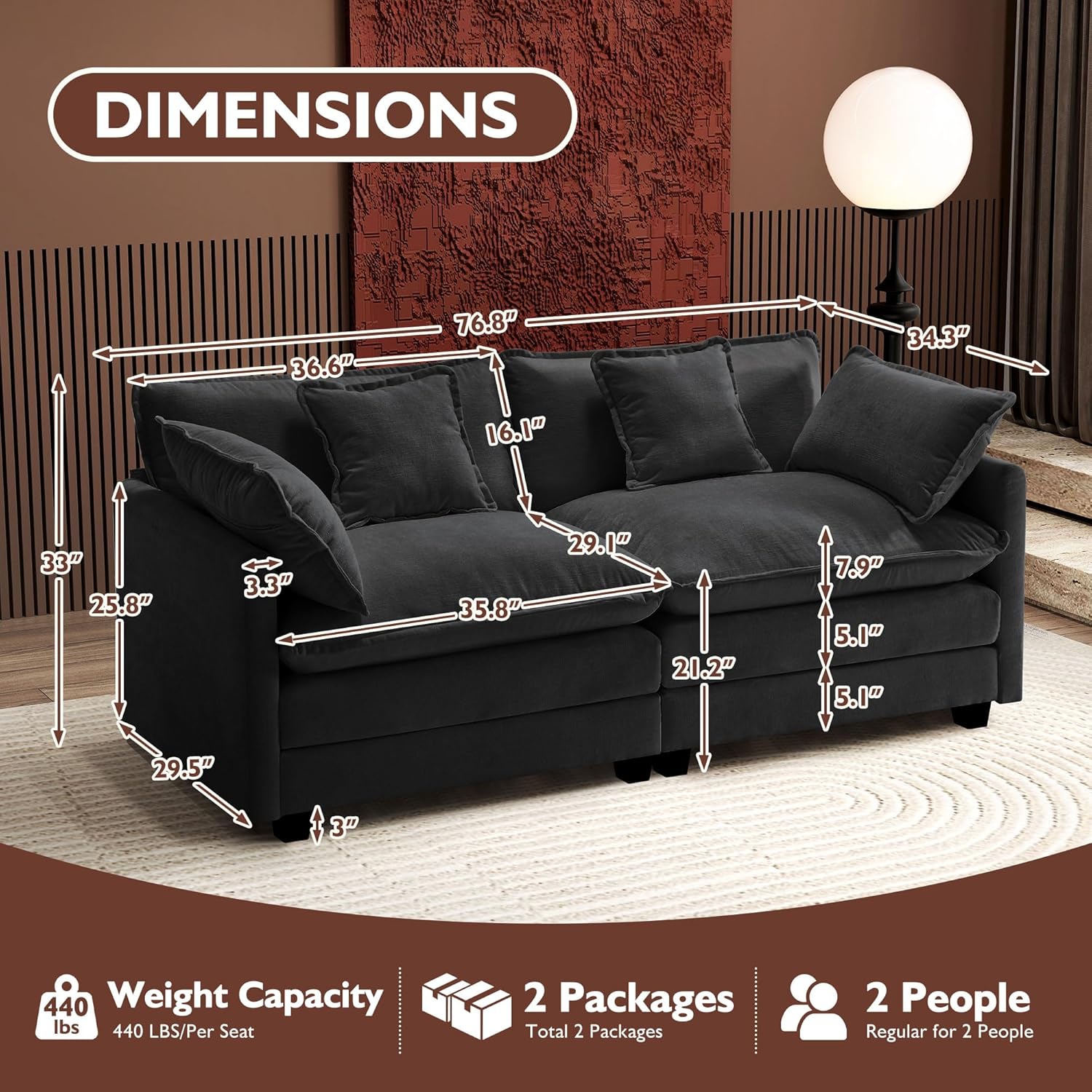 Ihanherry U Shaped Modular Cloud Sofa 5 Seat Chenille Sectional with Ottoman