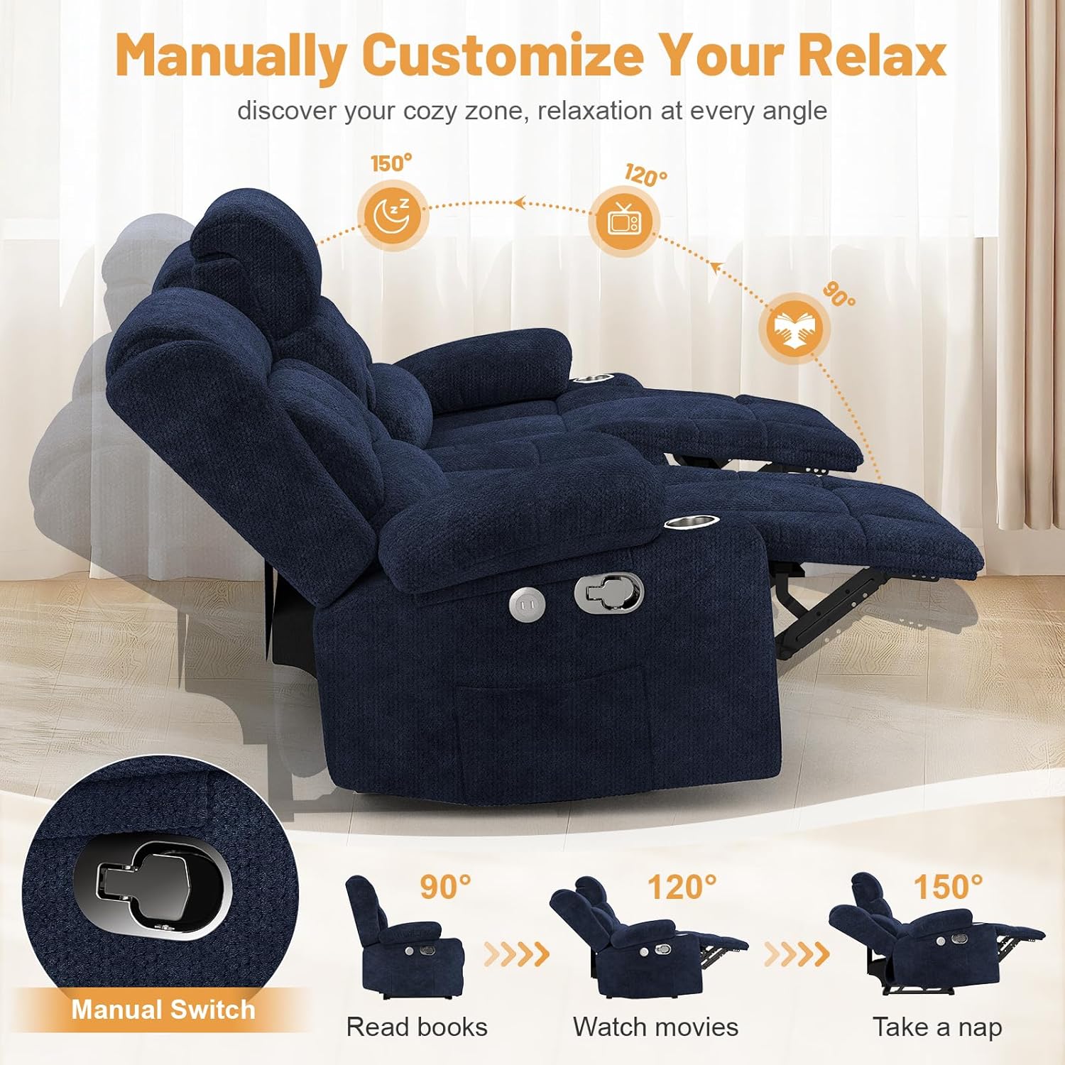 Dresegmt Loveseat Recliner Sofa 3 Seat Flip Backrest with Storage USB Cup Holders