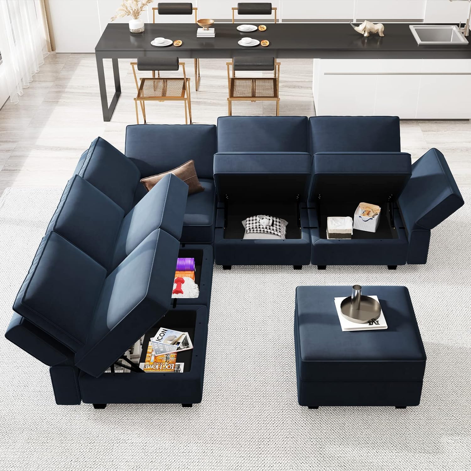 Belffin Reversible Modular Sectional Sofa with Ottomans Velvet Sleeper Chaise Bed Storage Seat Black