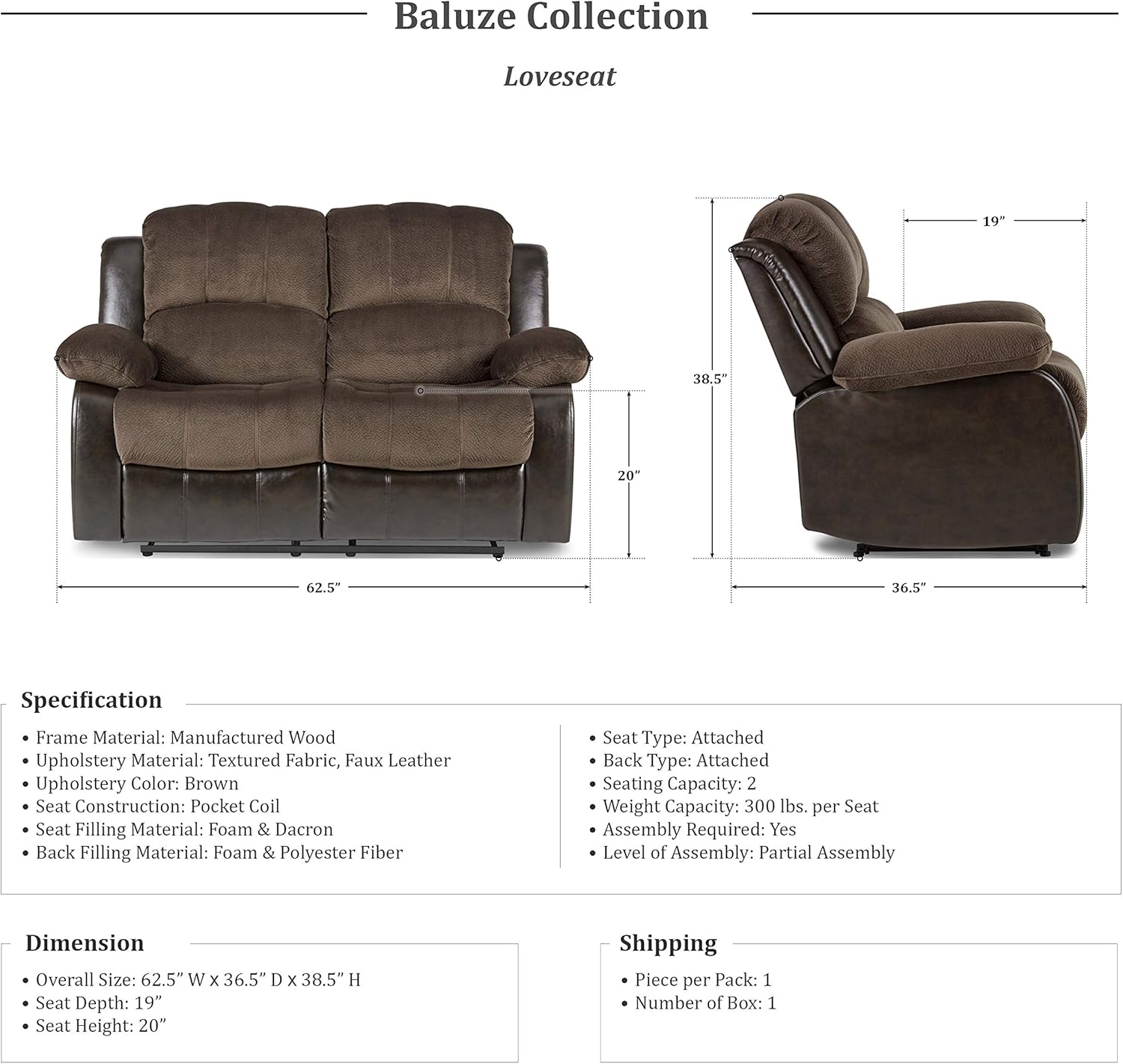 Lexicon Loveseat Recliner Double Sofa Manual Pull Tab Faux Leather Living Room