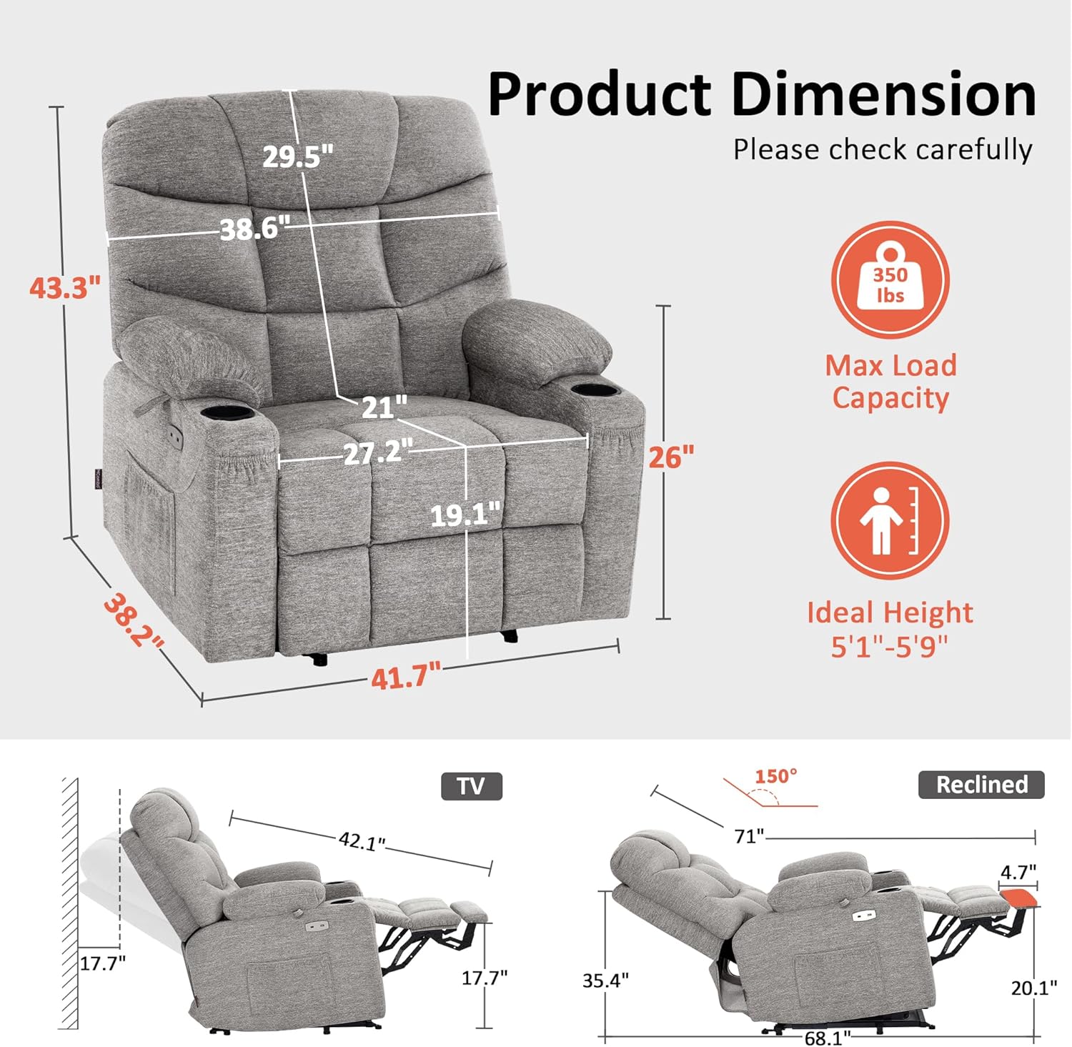 MCombo Power Lift Recliner Chair for Elderly with Extended Footrest Fabric