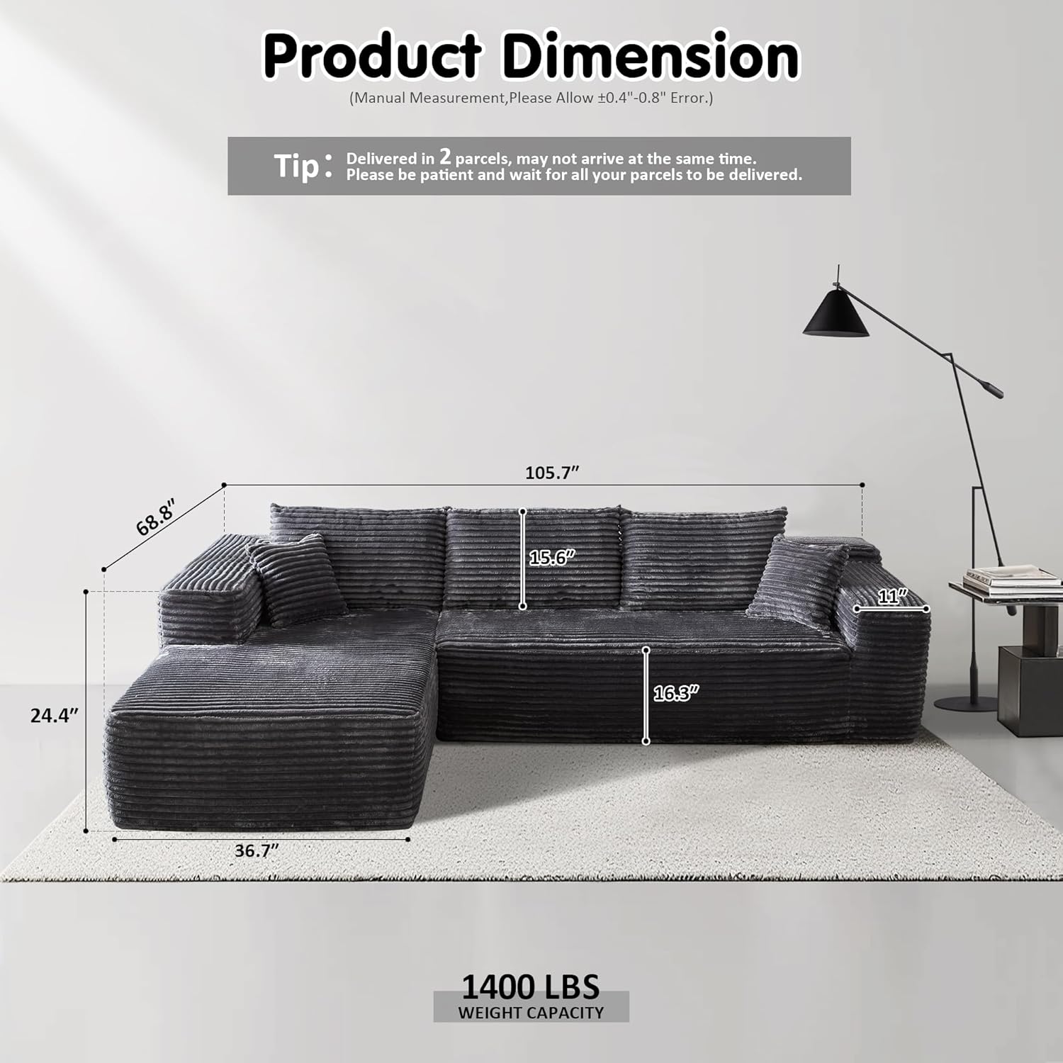 ovios Cloud Sectional Couch with L Shape Chaise Modern Modular Sofa