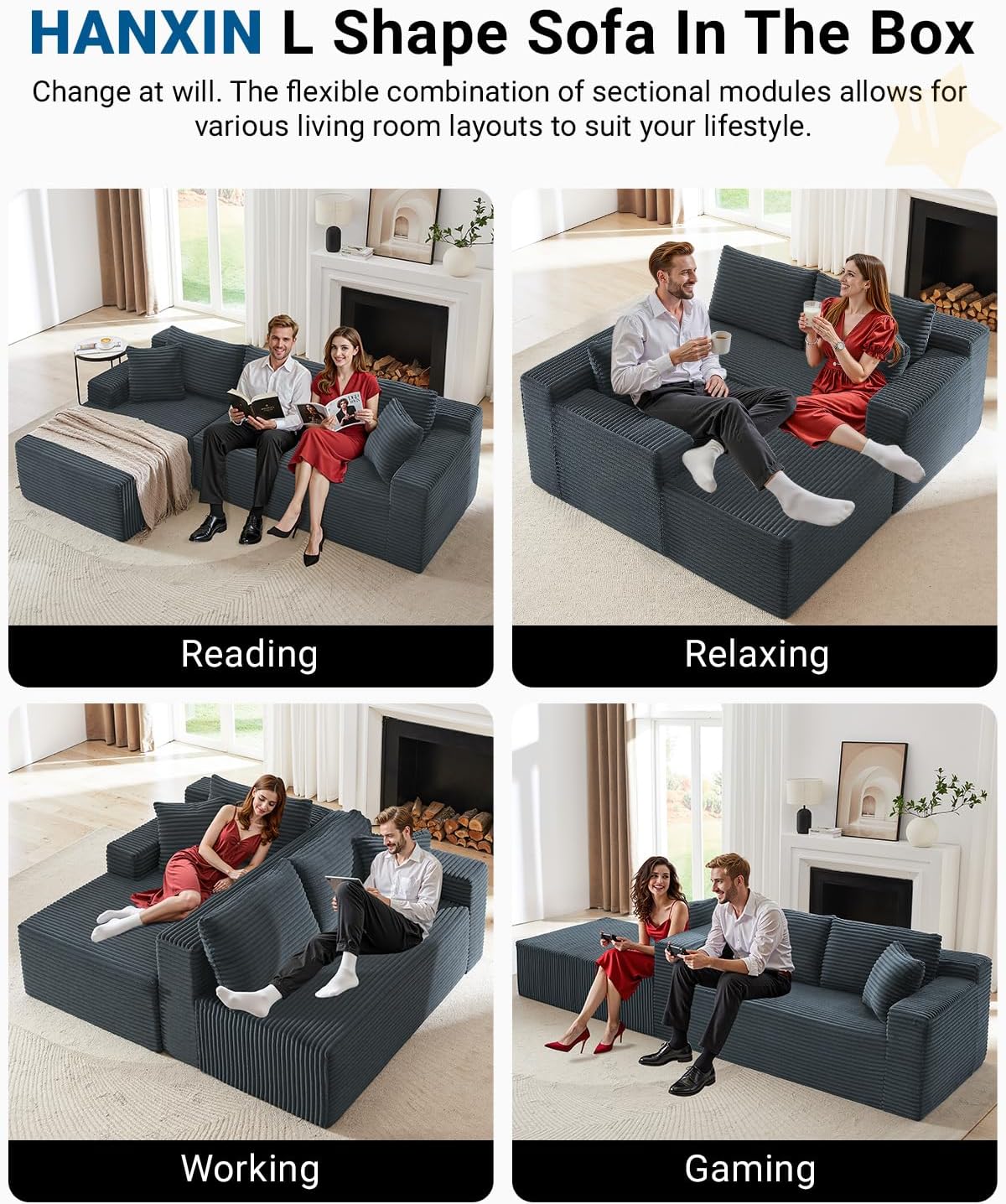 HANXIN Cloud Sectional Sofa L Shape Chaise Deep Seat Modular Living Room Couch