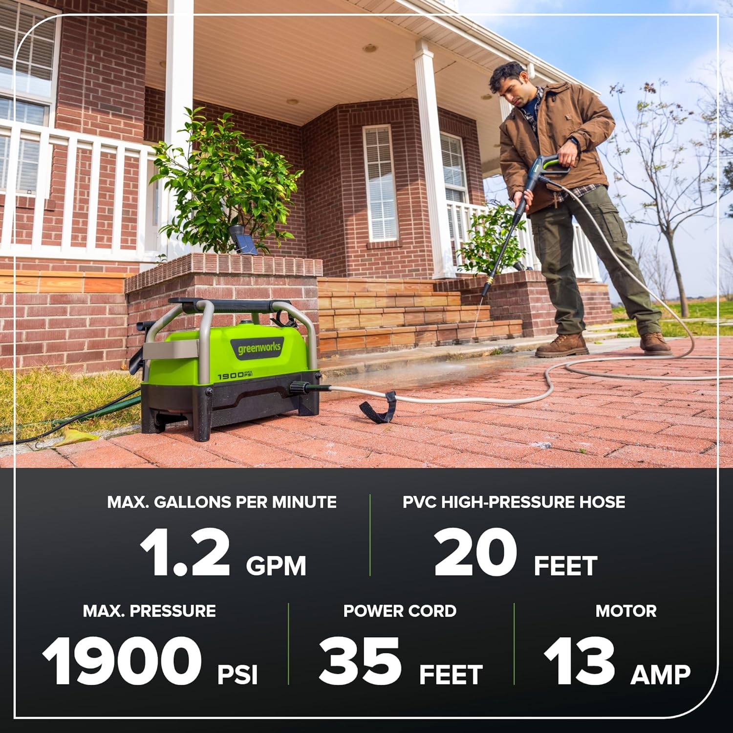 Greenworks 2000 PSI Electric Pressure Washer 13 Amp with Wheels 20 FT Hose 35 FT Cord