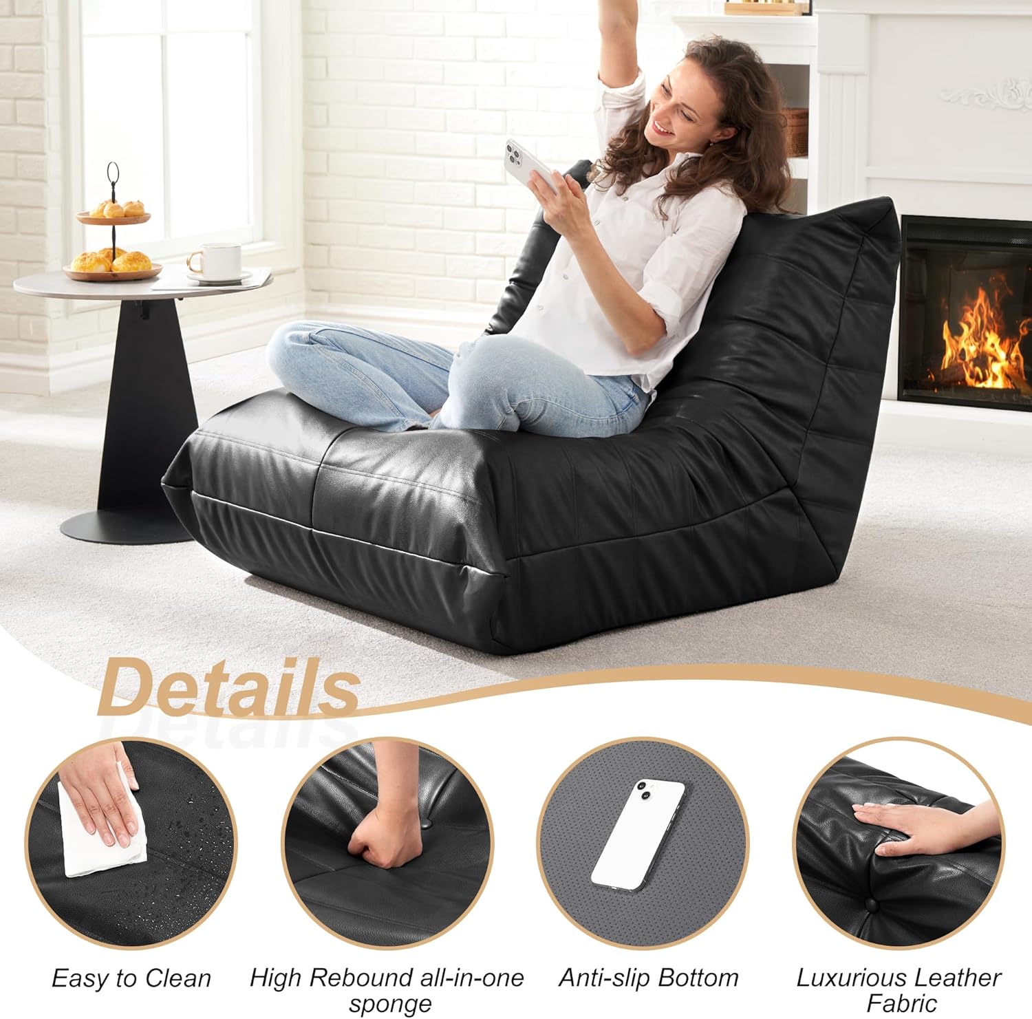 Hobestluk Giant Bean Bag Chair Memory Foam Faux Leather Floor Sofa for Adults