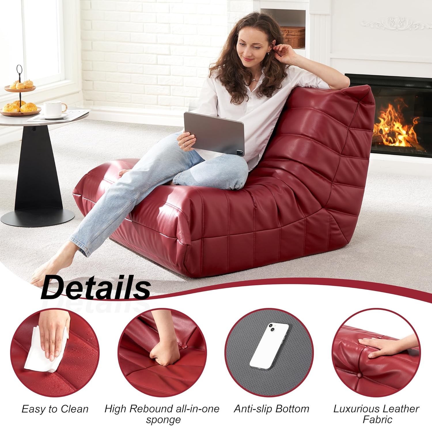 Hobestluk Giant Bean Bag Chair Memory Foam Faux Leather Floor Sofa for Adults