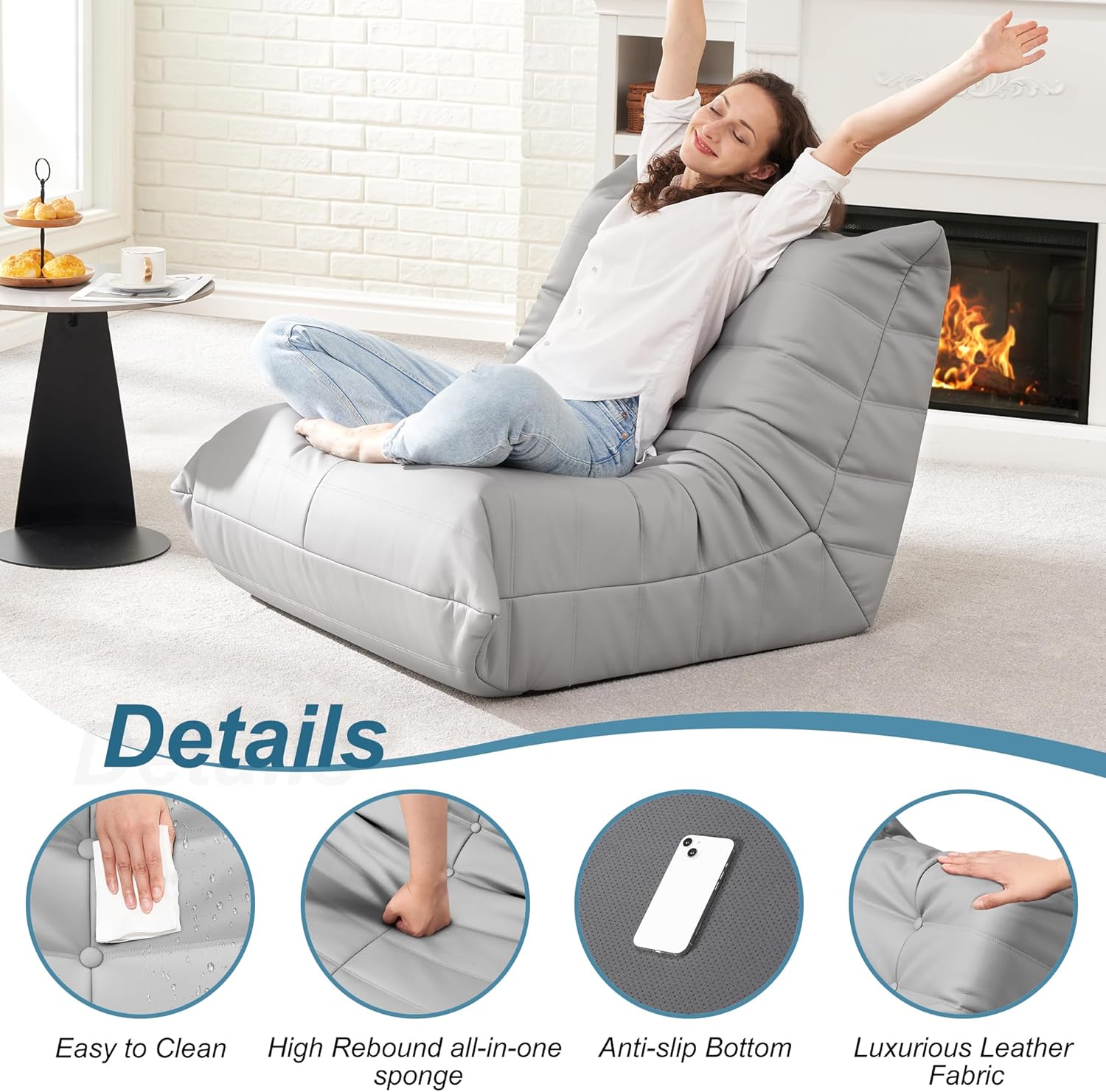Hobestluk Giant Bean Bag Chair Memory Foam Faux Leather Floor Sofa for Adults
