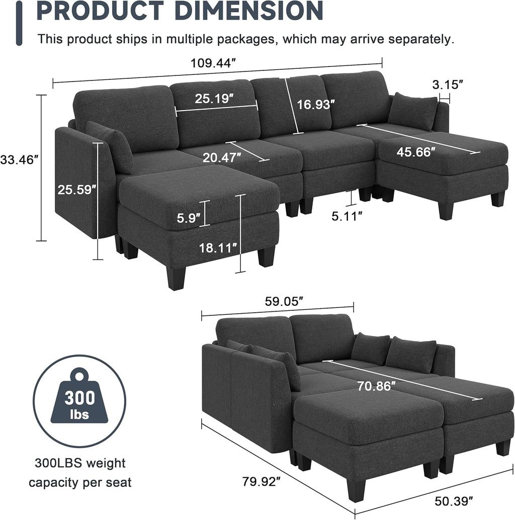 Huatean Home Modular Sectional Sofa U Shaped Couch 6 Seat Convertible High Density Foam