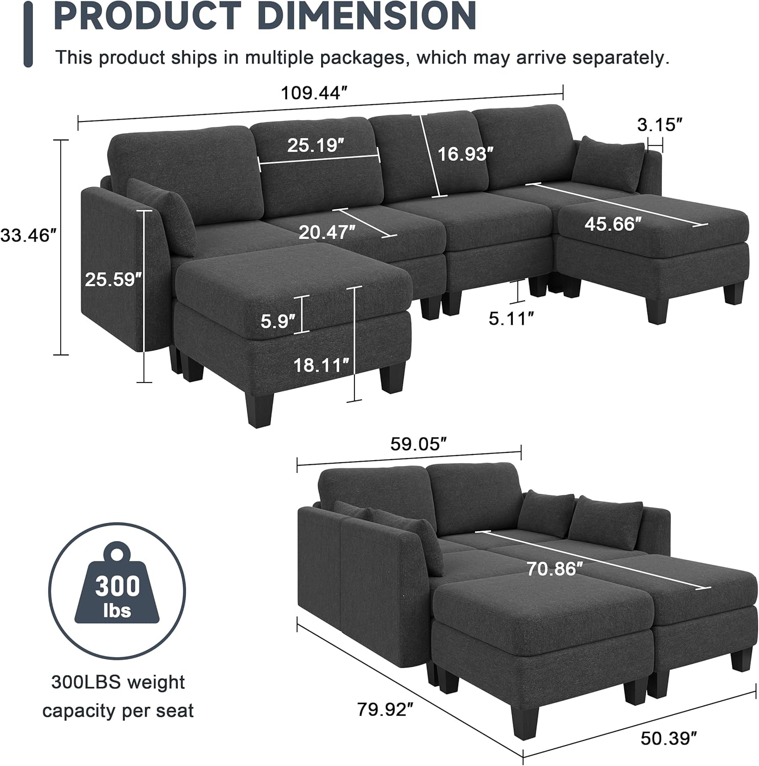Huatean Home Modular Sectional Sofa U Shaped Couch 6 Seat Convertible High Density Foam