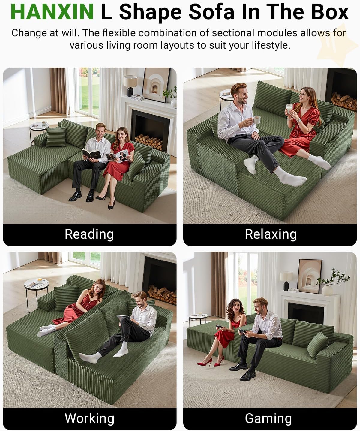 HANXIN Cloud Sectional Sofa L Shape Chaise Deep Seat Modular Living Room Couch