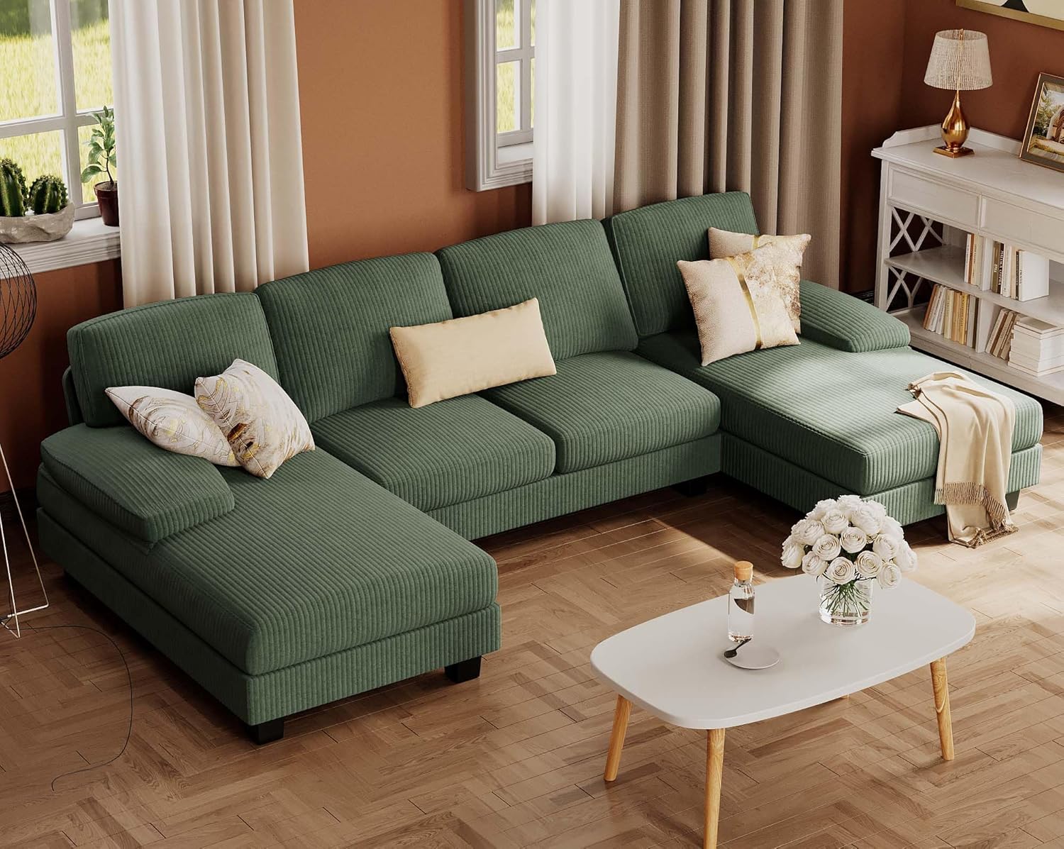 Furmax U-Shaped Sectional Sofa Couch 4 Seat Linen Fabric Double Chaise