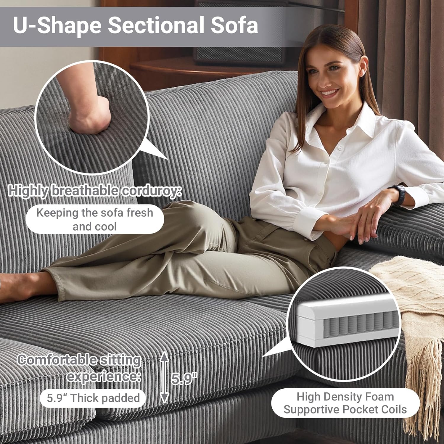 VINGLI 110 Sectional Couch U Shaped Sofa Set with Double Chaise Chenille Fabric
