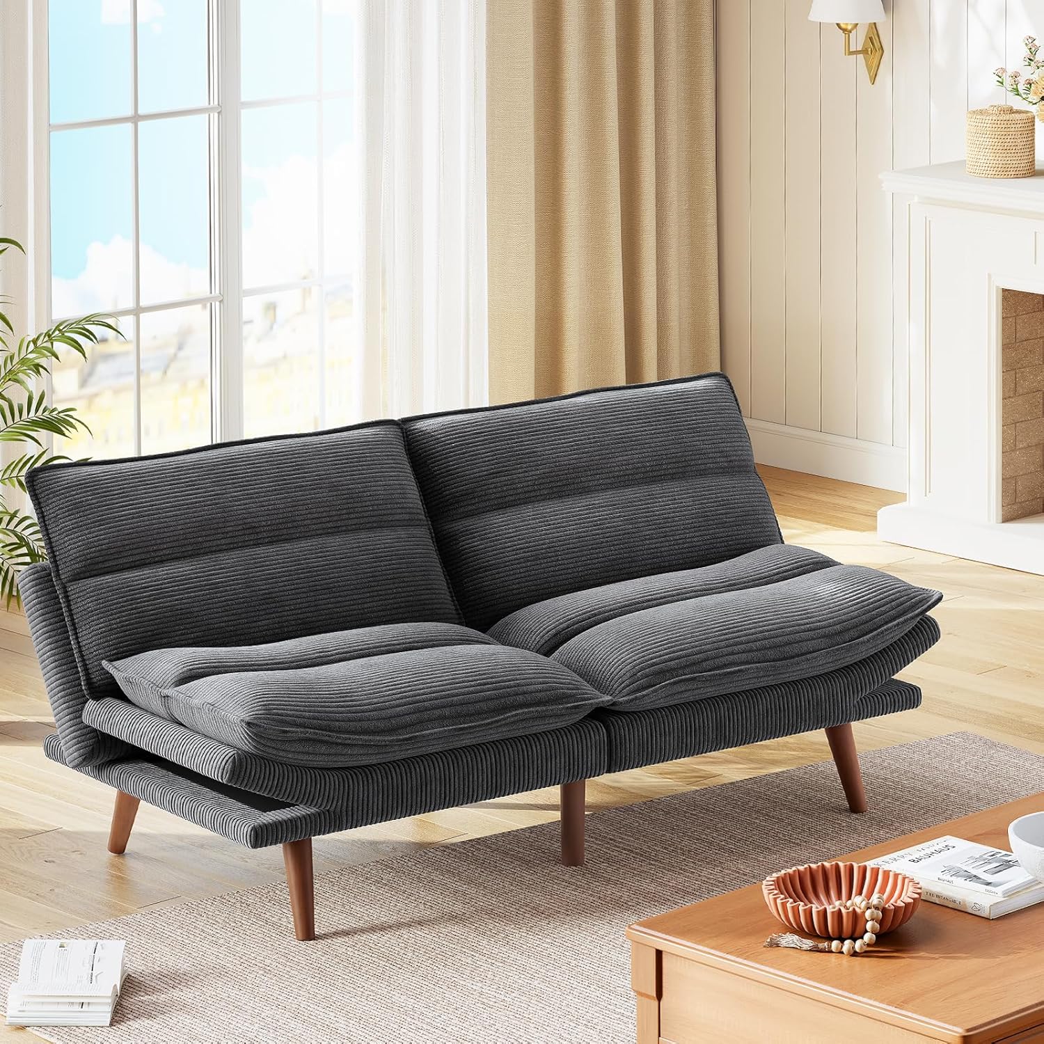 Marsail Futon Sofa Bed Convertible Corduroy Loveseat with Adjustable Backrest