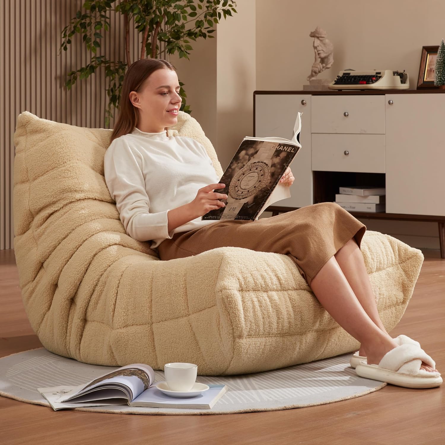 Hobestluk Giant Bean Bag Chair Memory Foam Faux Fur Sofa for Living Room