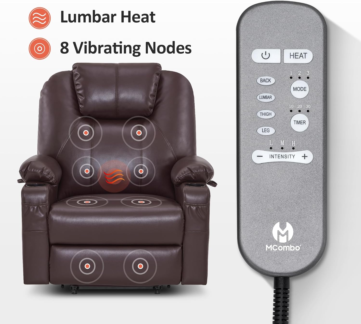 MCombo Electric Power Lift Recliner Massage Heat Chair for Elderly 3 Positions 2 Pockets USB