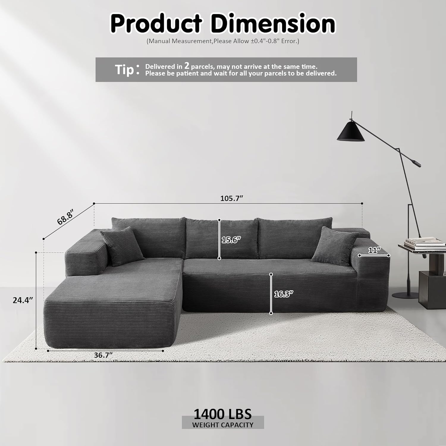 ovios Cloud Sectional Couch with L Shape Chaise Modern Modular Sofa