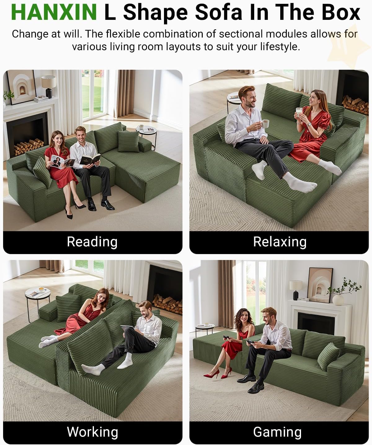 HANXIN Cloud Sectional Sofa L Shape Chaise Deep Seat Modular Living Room Couch