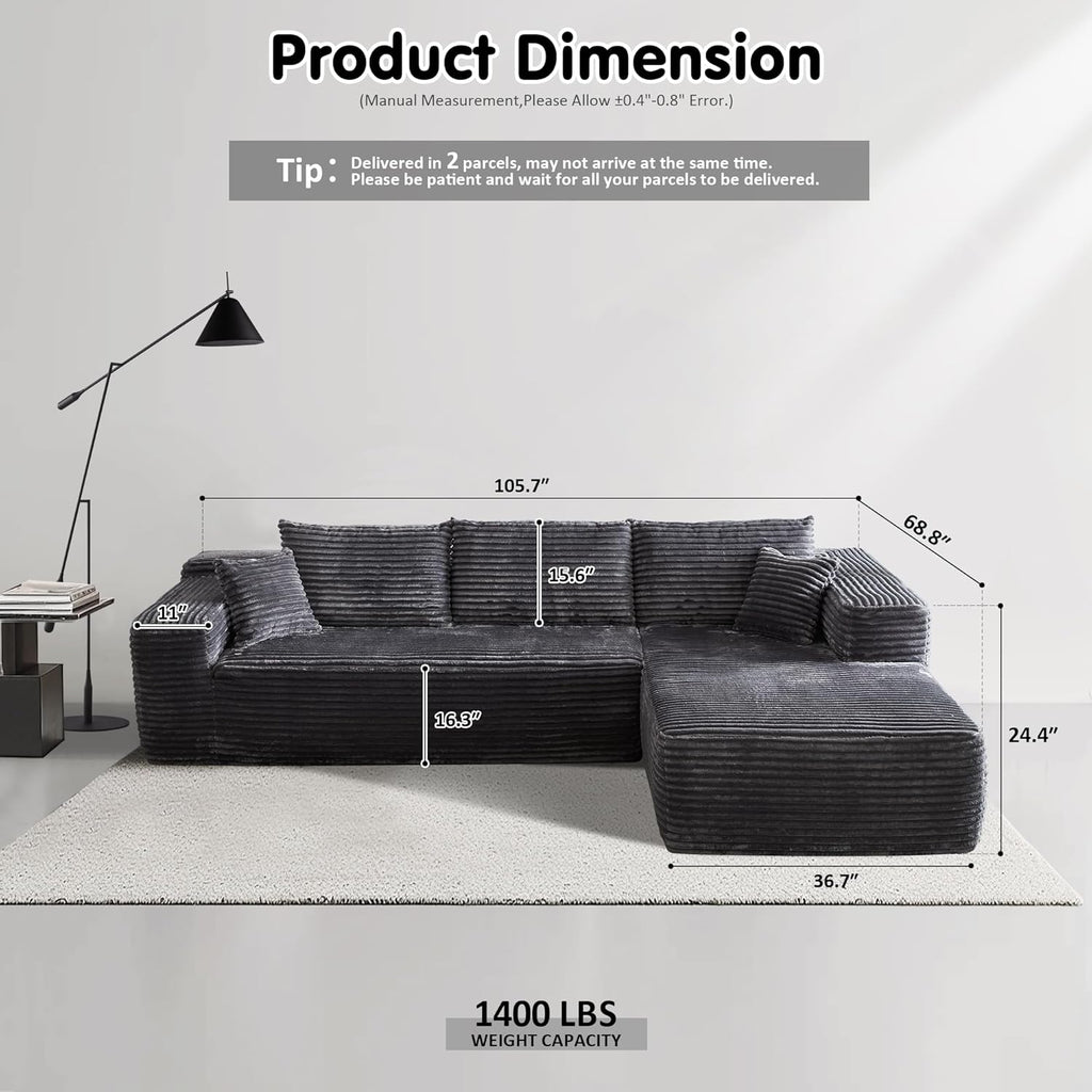 ovios Cloud Sectional Sofa L Shape Chaise Deep Seat Modular Living Room Couch
