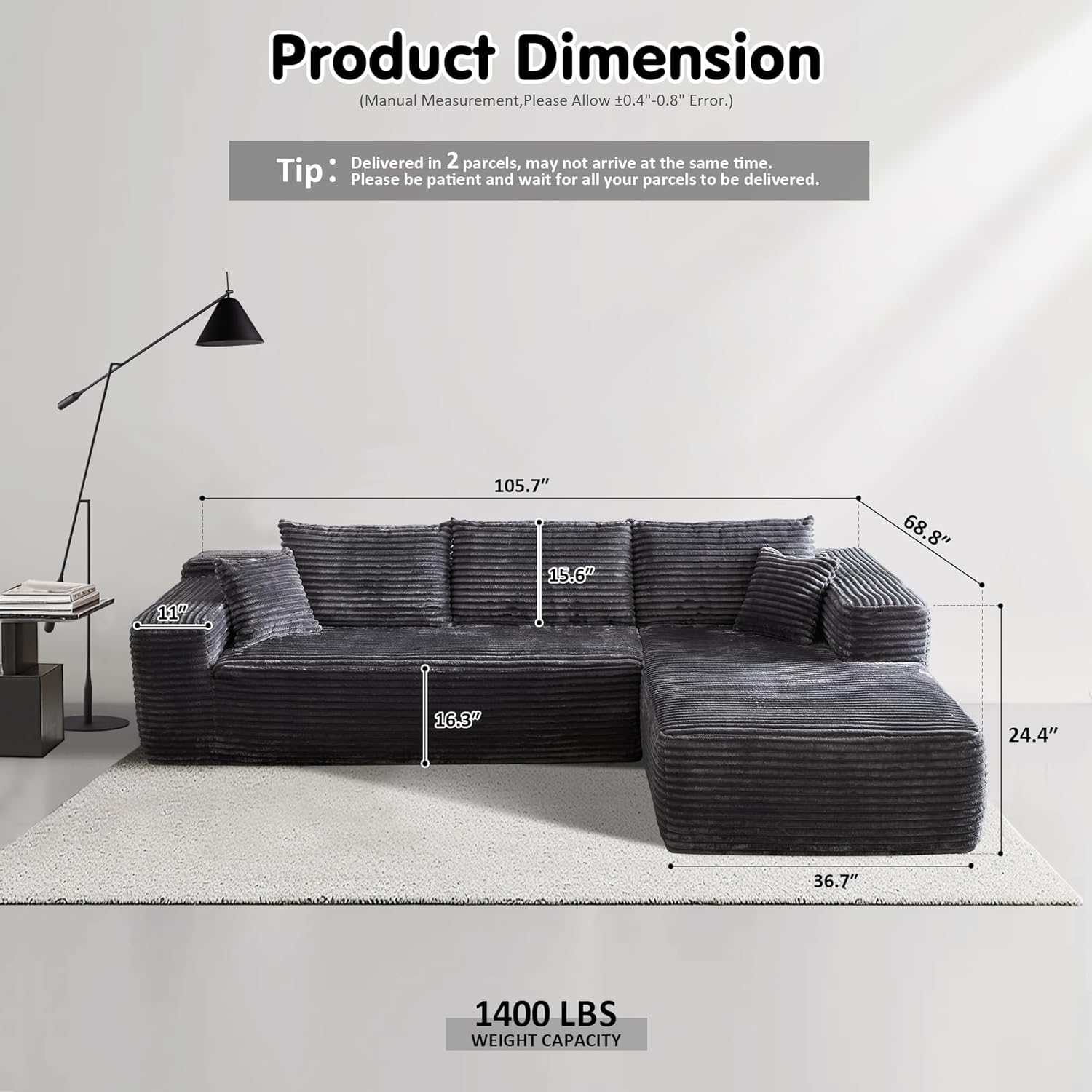 ovios Cloud Sectional Couch with L Shape Chaise Modern Modular Sofa