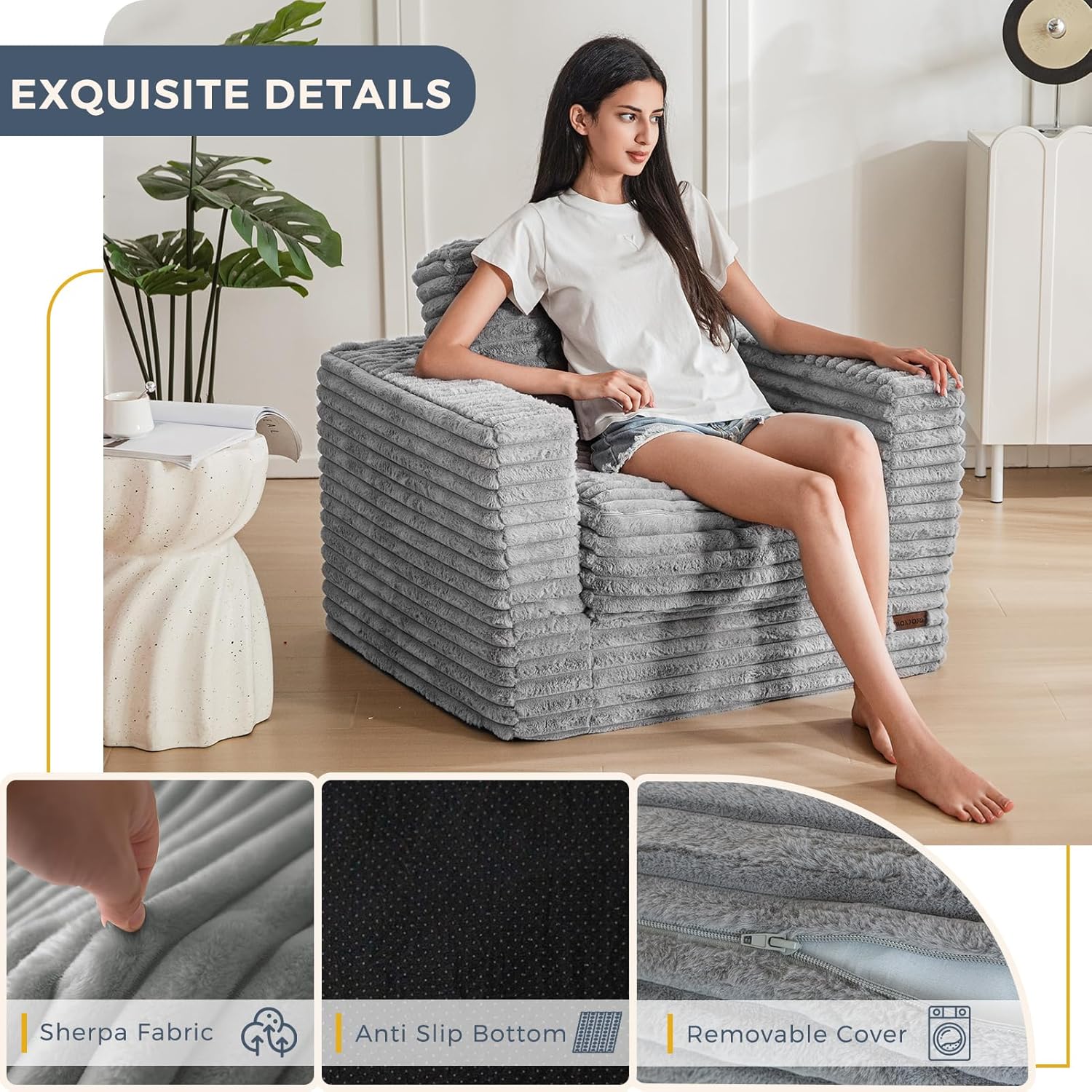 MAXYOYO Bean Bag Sofa with Armrests and Pillows Two Seat Fluffy Floor Couch