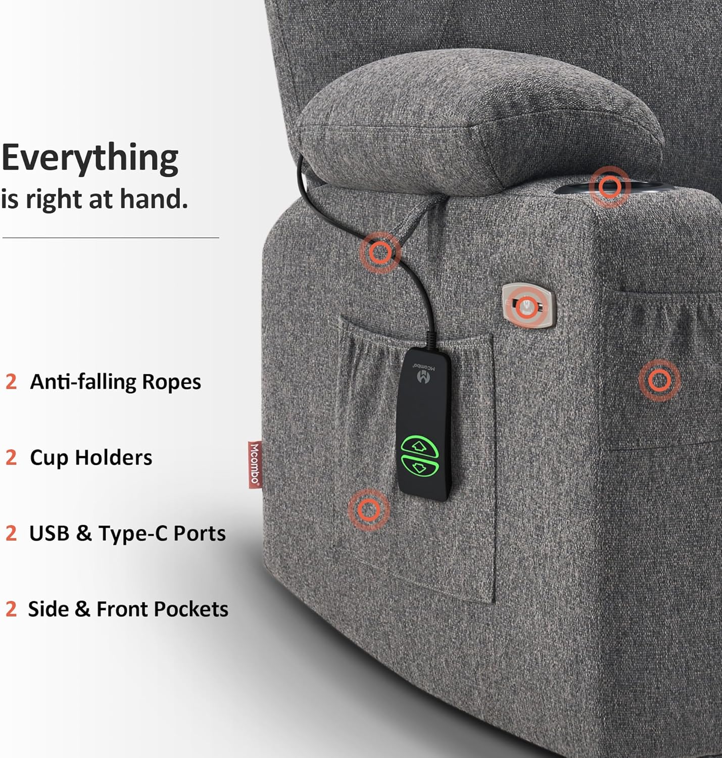 MCombo Power Lift Recliner Chair for Elderly with Heat Massage USB Cup Holders