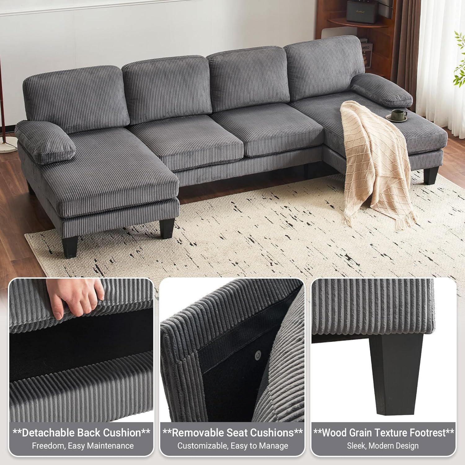 VINGLI 110 Sectional Couch U Shaped Sofa Set with Double Chaise Chenille Fabric