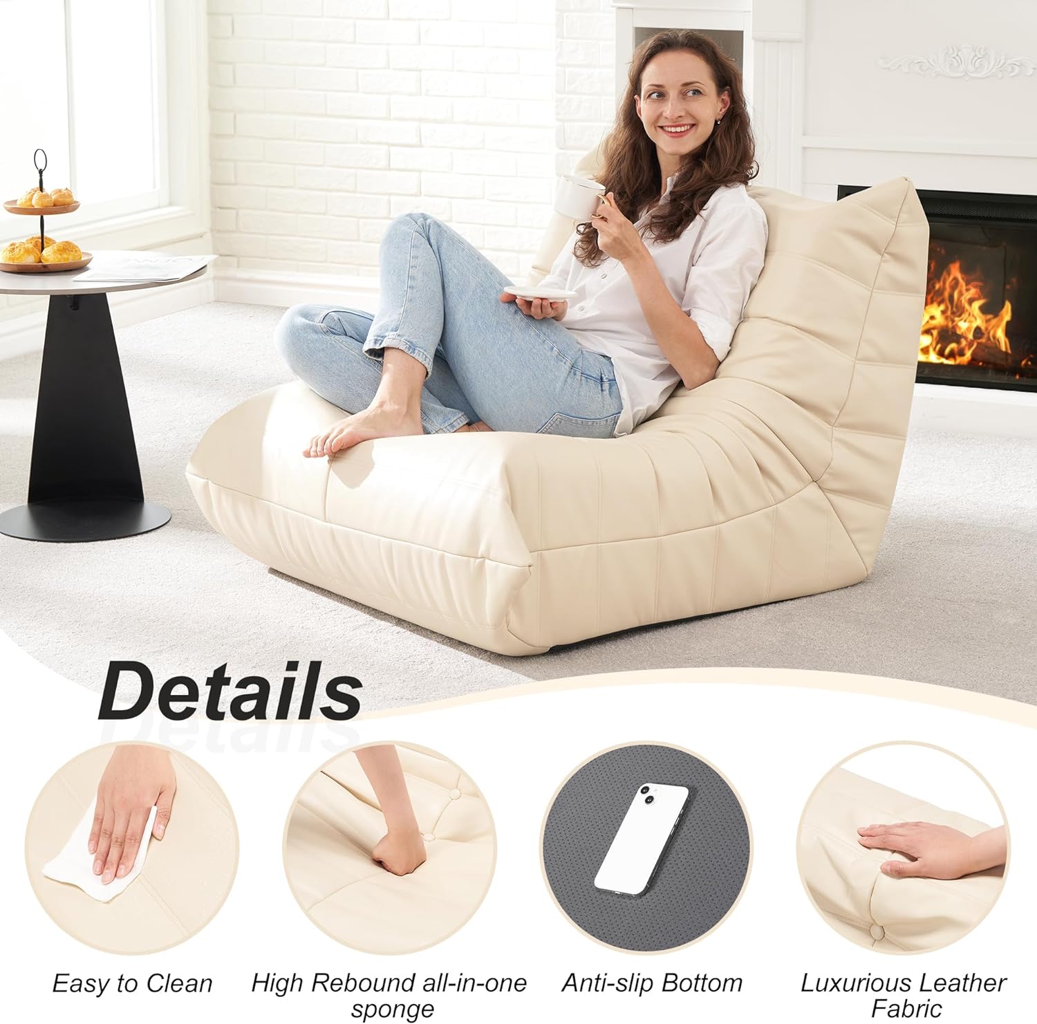 Hobestluk Giant Bean Bag Chair Memory Foam Faux Leather Floor Sofa for Adults