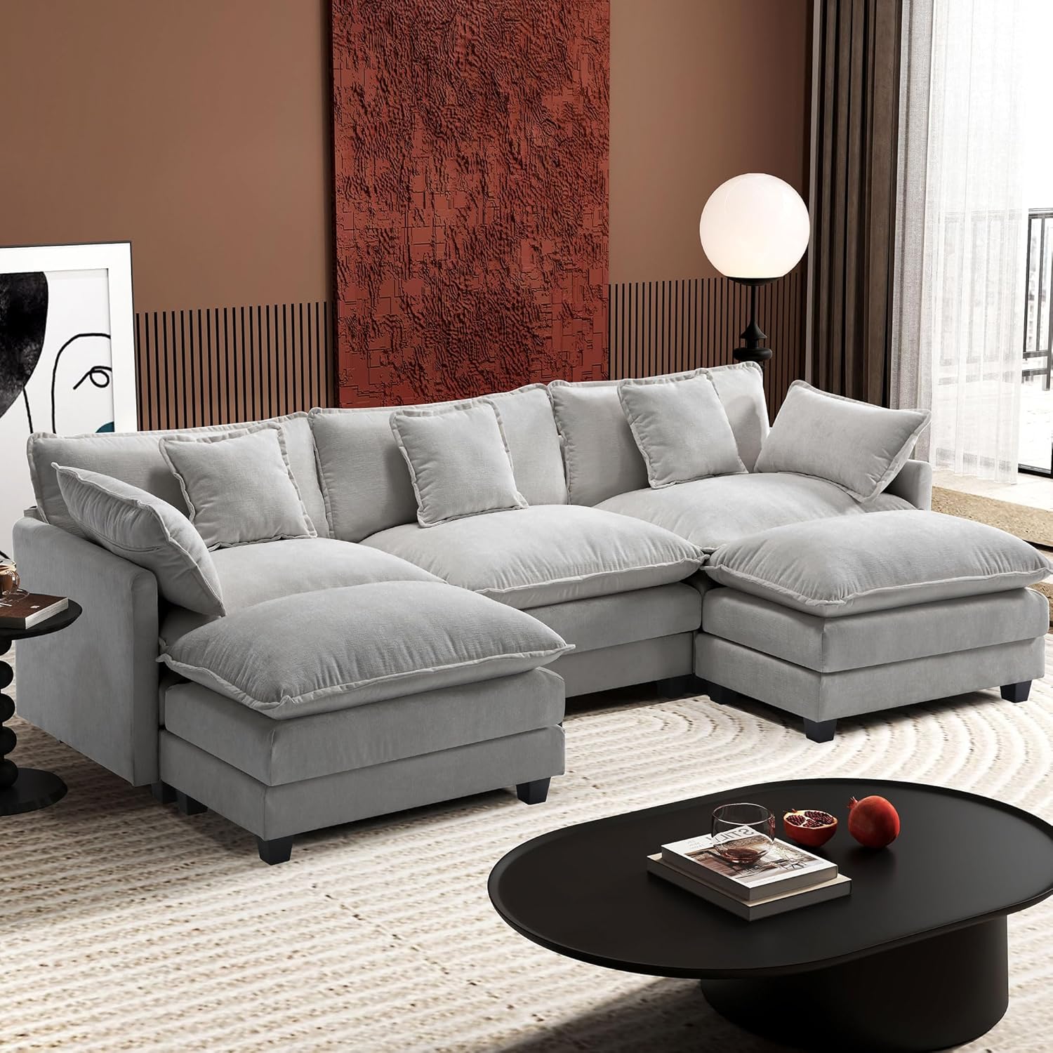 Ihanherry U Shaped Modular Sectional Sofa 5 Seat with 2 Ottomans Chenille
