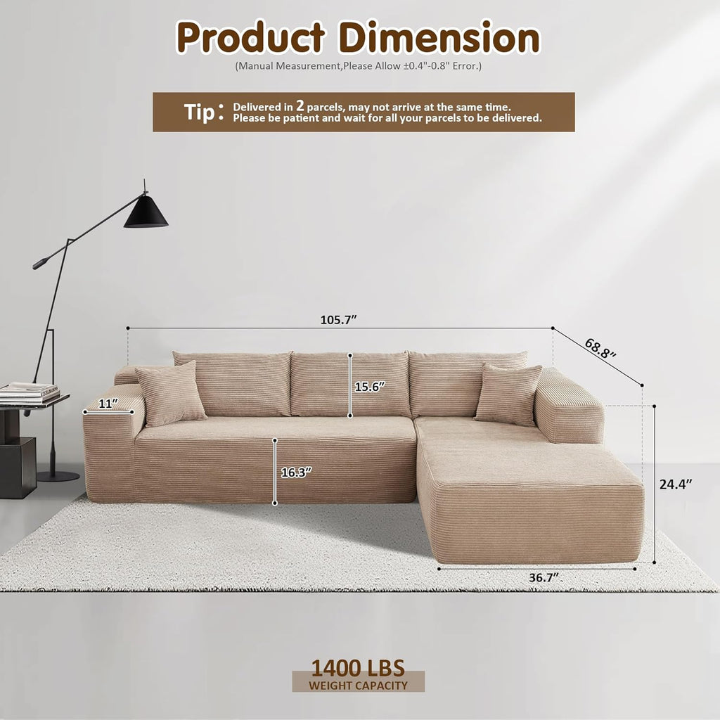ovios Cloud Sectional Couch with L Shape Chaise Modern Modular Sofa