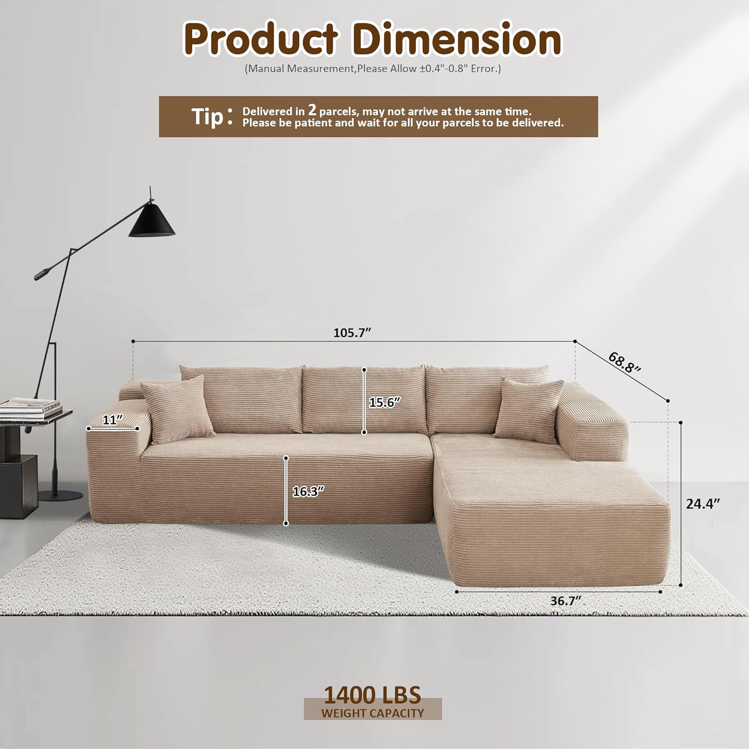 ovios Cloud Sectional Couch with L Shape Chaise Modern Modular Sofa