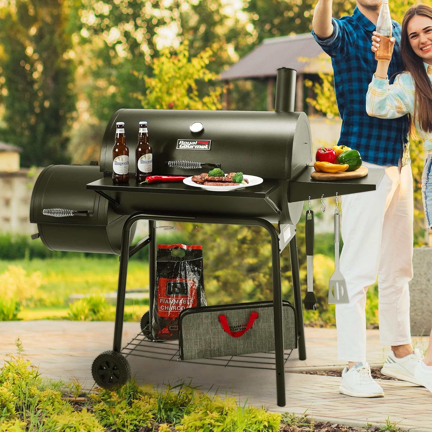 Royal Gourmet 30 Inch Charcoal Grill with Offset Smoker 811 Sq In BBQ Outdoor