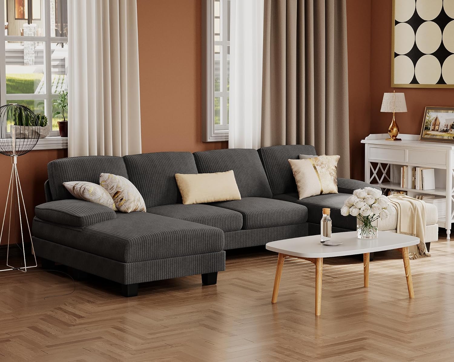 Furmax U-Shaped Sectional Sofa Couch 4 Seat Linen Fabric Double Chaise