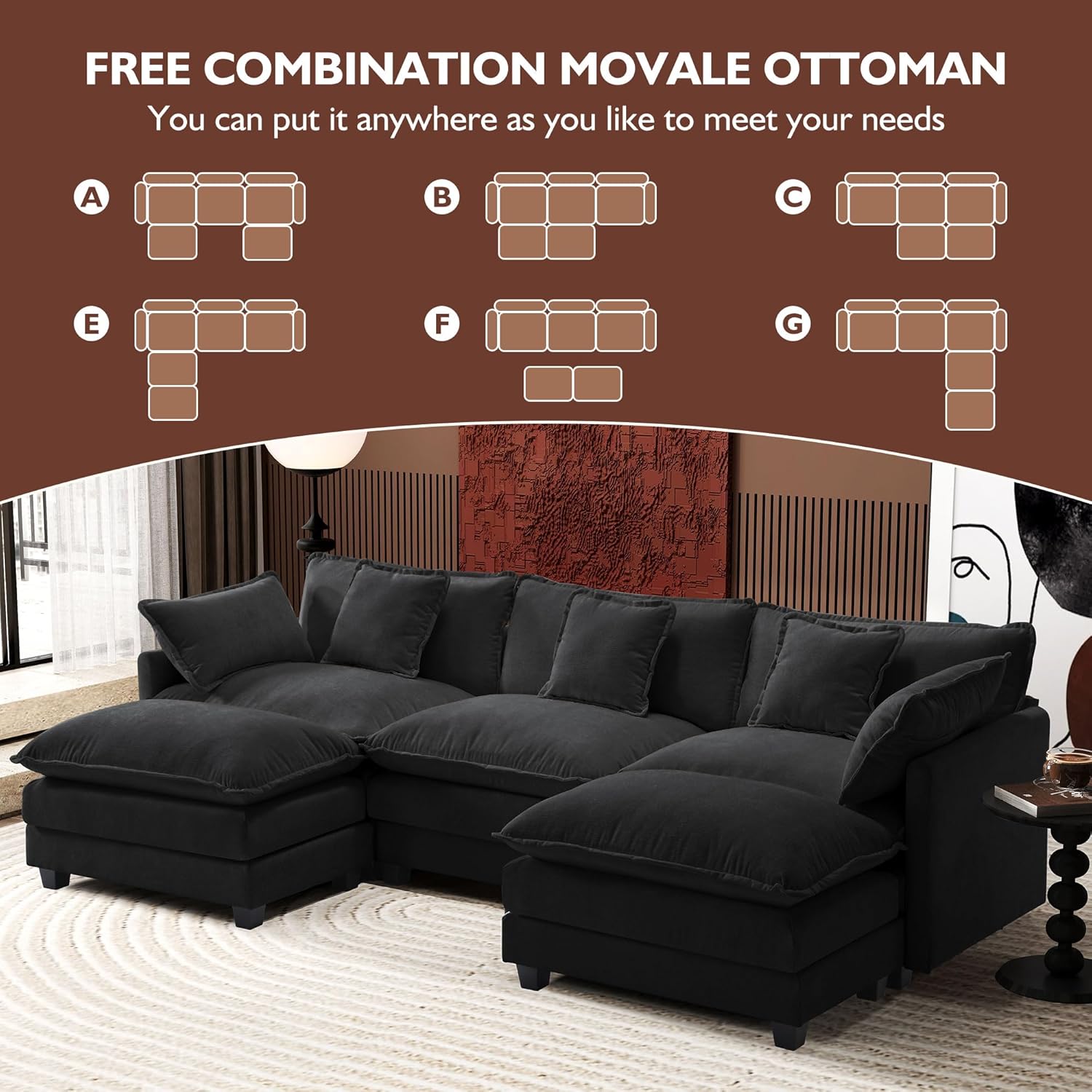 Ihanherry U Shaped Modular Cloud Sofa 5 Seat Chenille Sectional with Ottoman