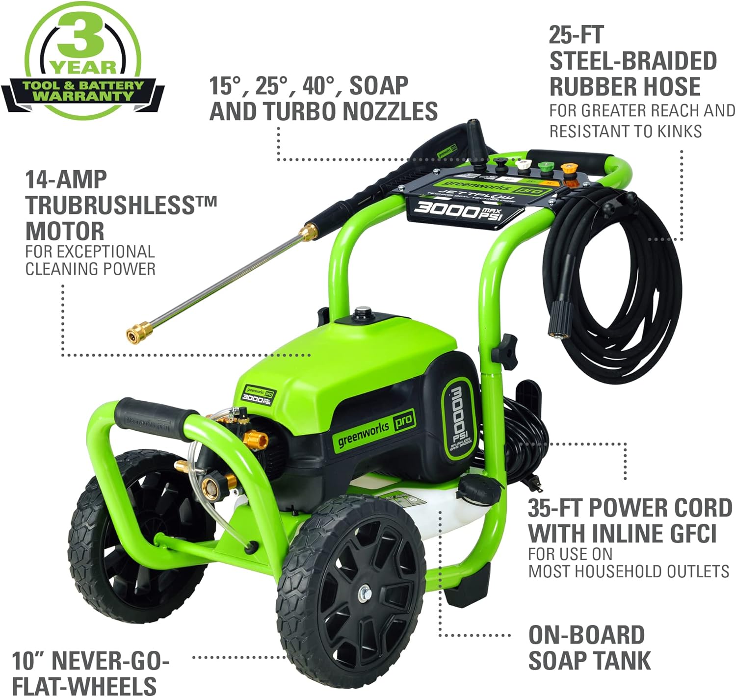 Greenworks 2000 PSI Electric Pressure Washer 13 Amp with Wheels 20 FT Hose 35 FT Cord