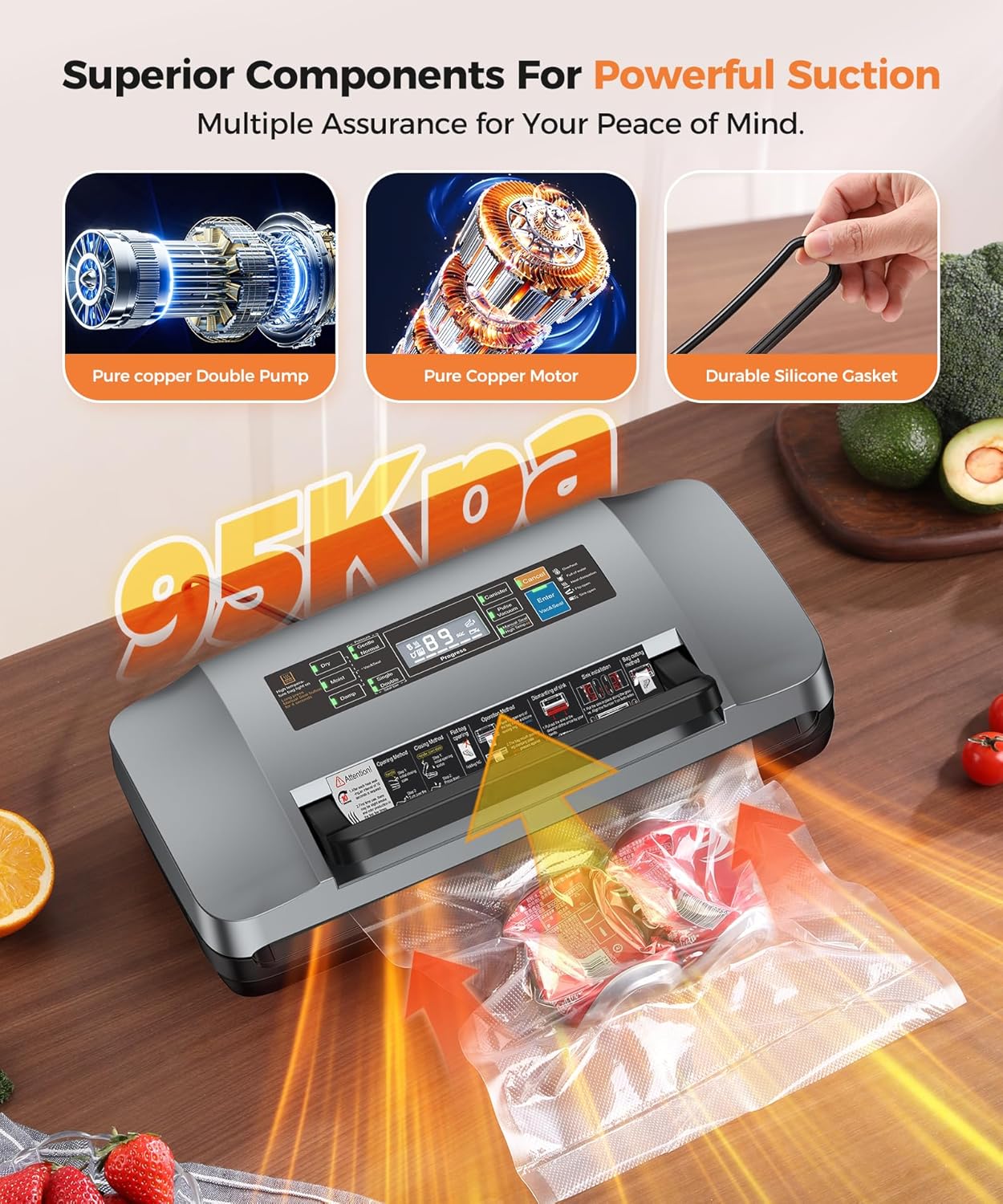 QIQIAOB Vacuum Sealer Machine 95kpa Commercial Automatic Food Saver with Cutter