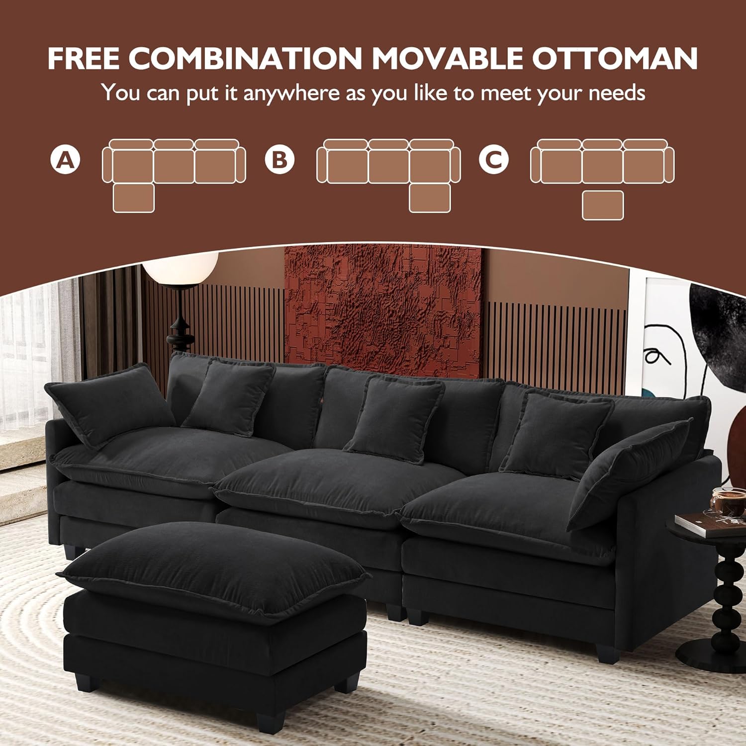 Ihanherry U Shaped Modular Cloud Sofa 5 Seat Chenille Sectional with Ottoman