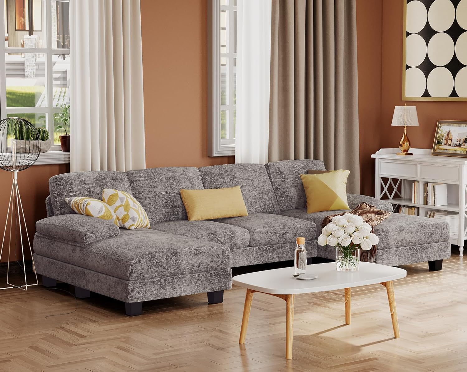 Furmax U-Shaped Sectional Sofa Couch 4 Seat Linen Fabric Double Chaise