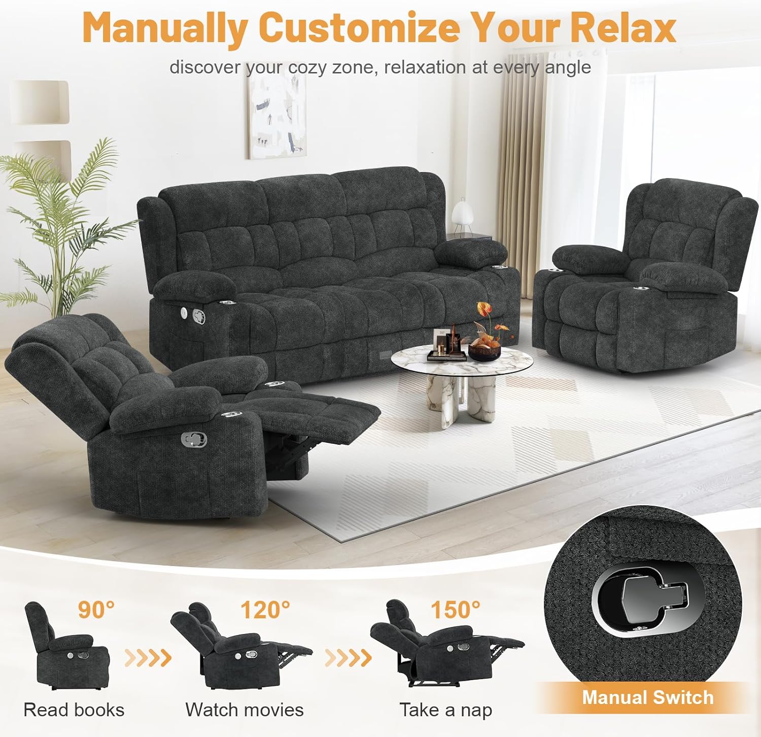 Dresegmt Loveseat Recliner Sofa 3 Seat Flip Backrest with Storage USB Cup Holders