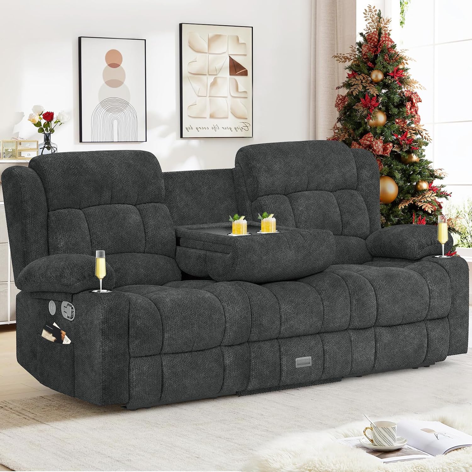 Dresegmt Loveseat Recliner Sofa 3 Seat Flip Backrest with Storage USB Cup Holders