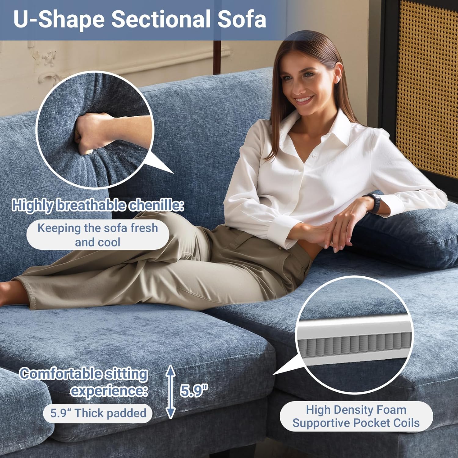 VINGLI 110 Sectional Couch U Shaped Sofa Set with Double Chaise Chenille Fabric