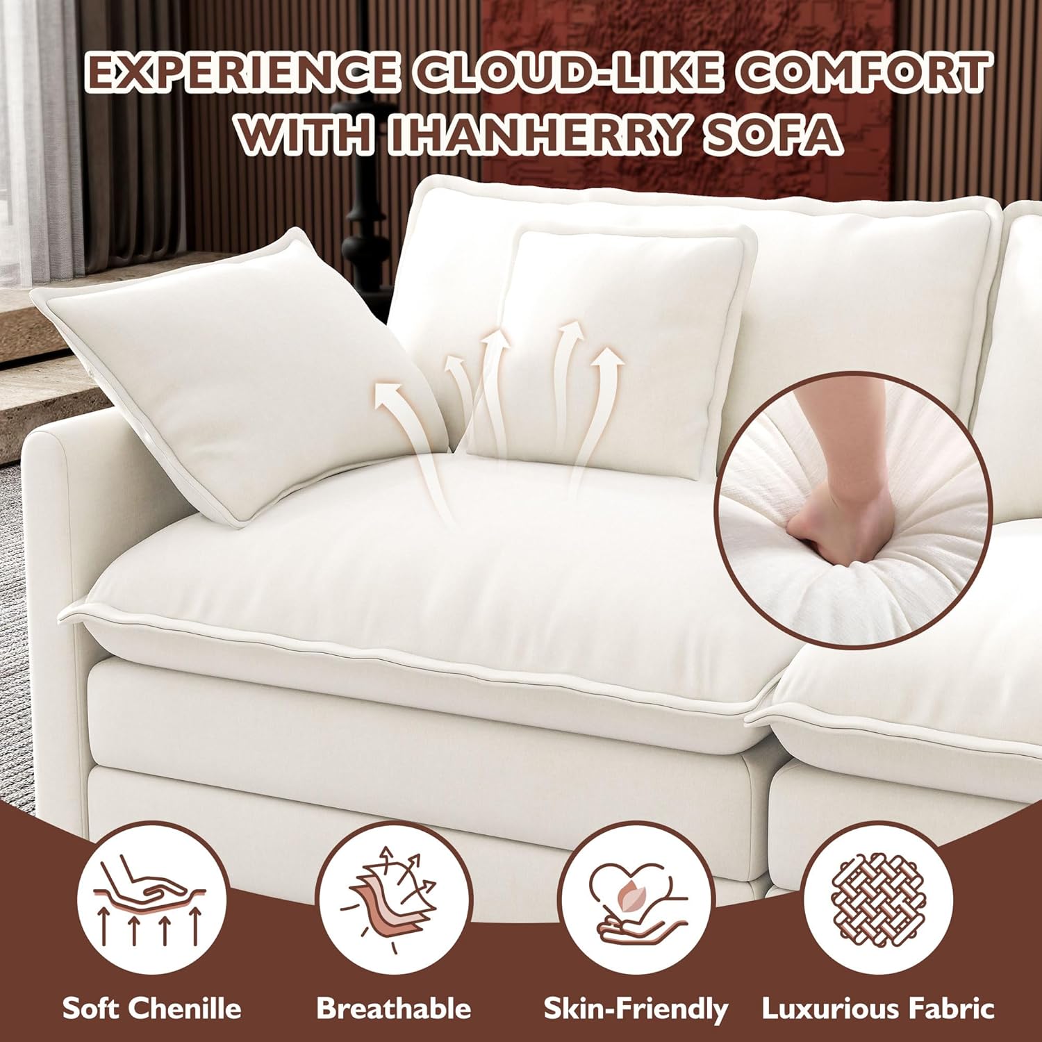 Ihanherry U Shaped Modular Cloud Sofa 5 Seat Chenille Sectional with Ottoman