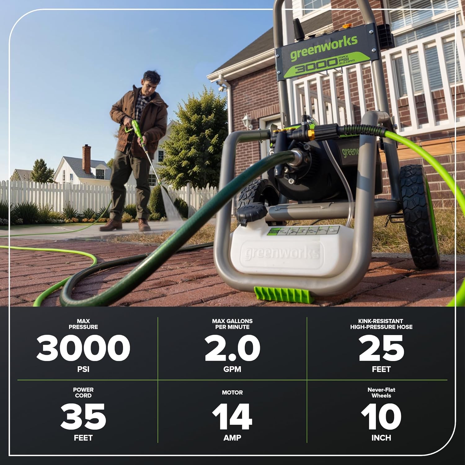 Greenworks 2000 PSI Electric Pressure Washer 13 Amp with Wheels 20 FT Hose 35 FT Cord