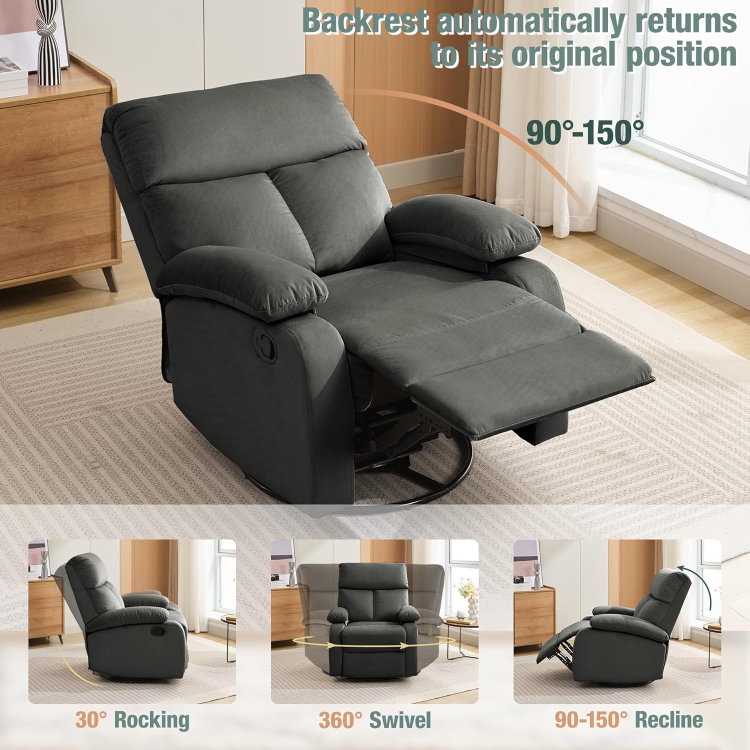 hzlagm Swivel Rocker Recliner Chair Small Space Rocking Recliner