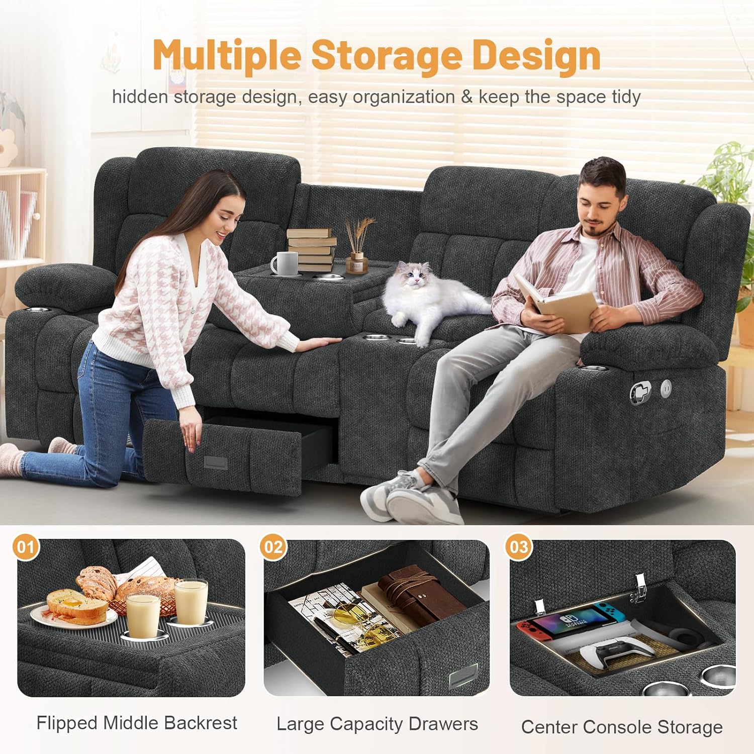 Dresegmt Loveseat Recliner Sofa 3 Seat Flip Backrest with Storage USB Cup Holders