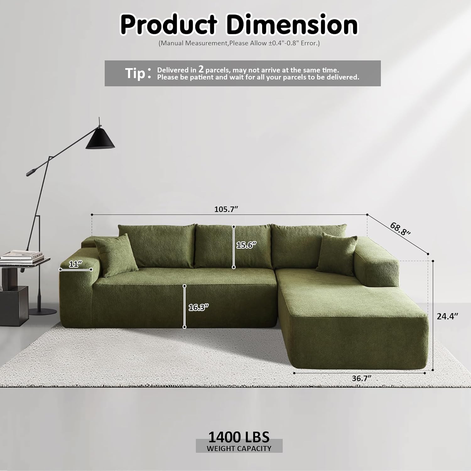 ovios Cloud Sectional Couch with L Shape Chaise Modern Modular Sofa